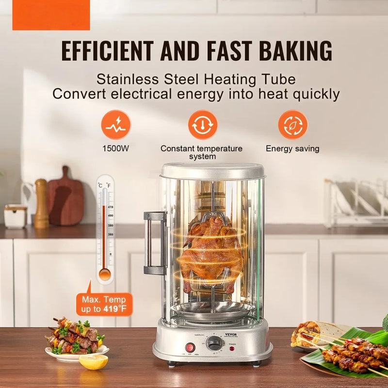 Electric Vertical Shawarma Rotisserie Grill with 360° Rotation & Timer