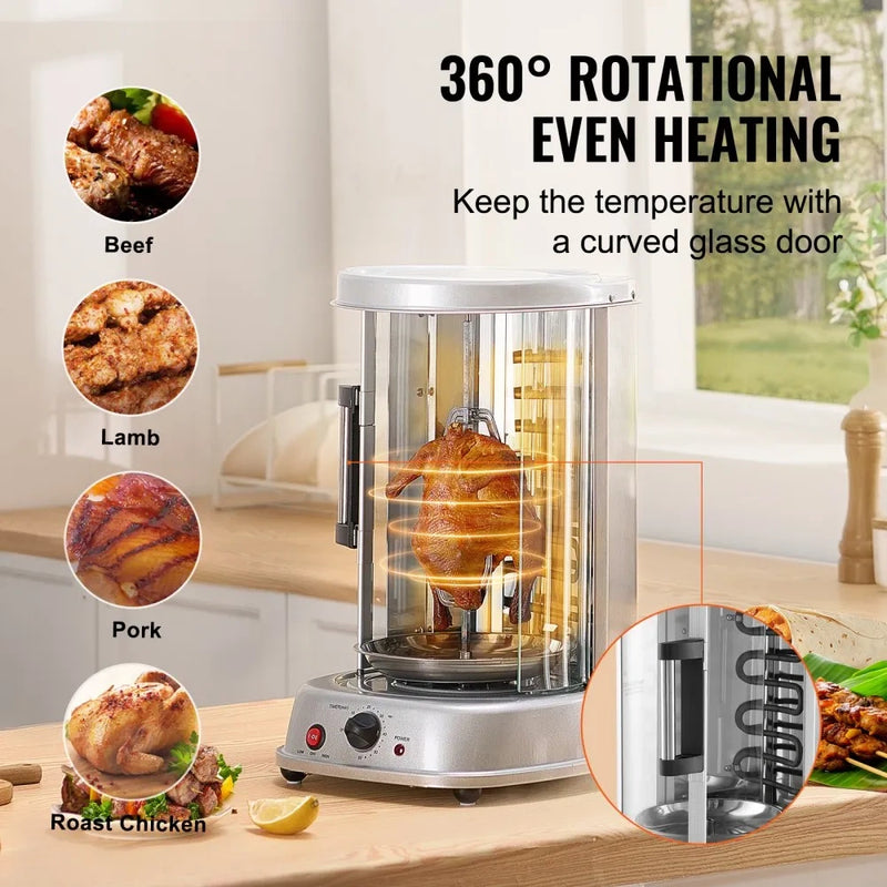 Electric Vertical Shawarma Rotisserie Grill with 360° Rotation & Timer