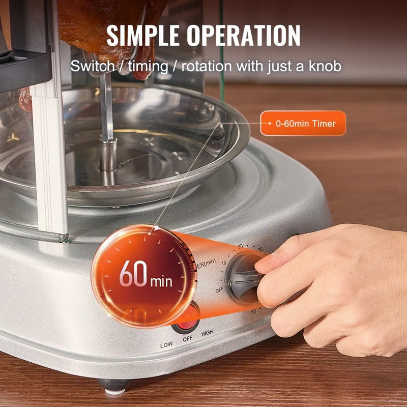 Electric Vertical Shawarma Rotisserie Grill with 360° Rotation & Timer