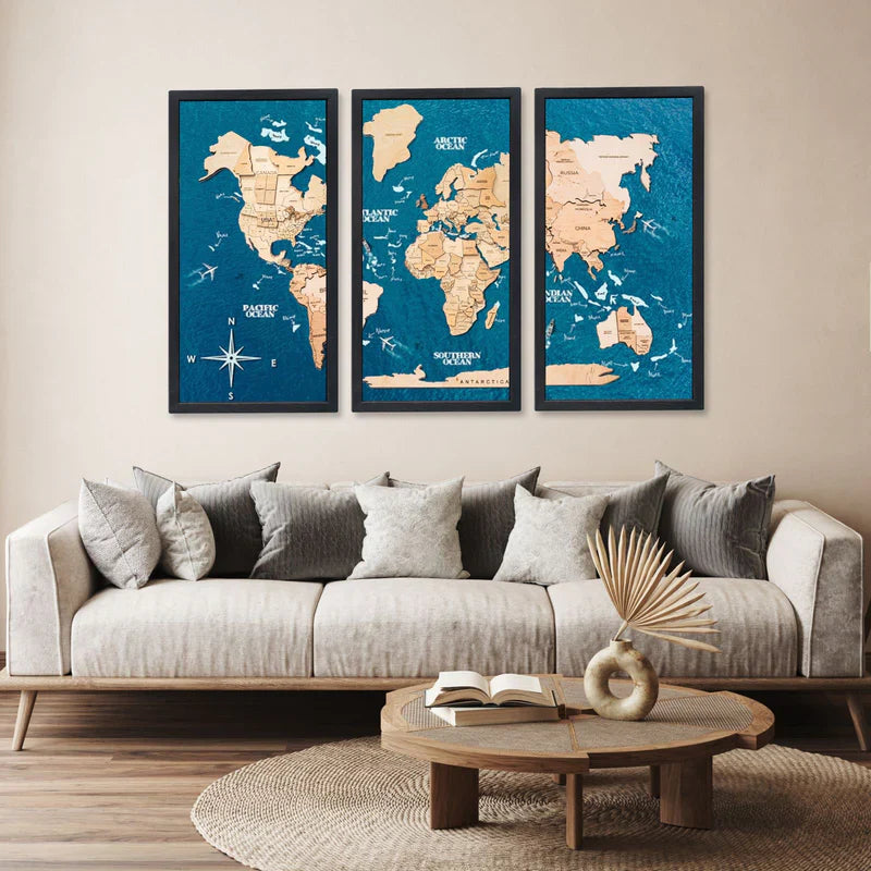 3D Wooden Triptych World Map