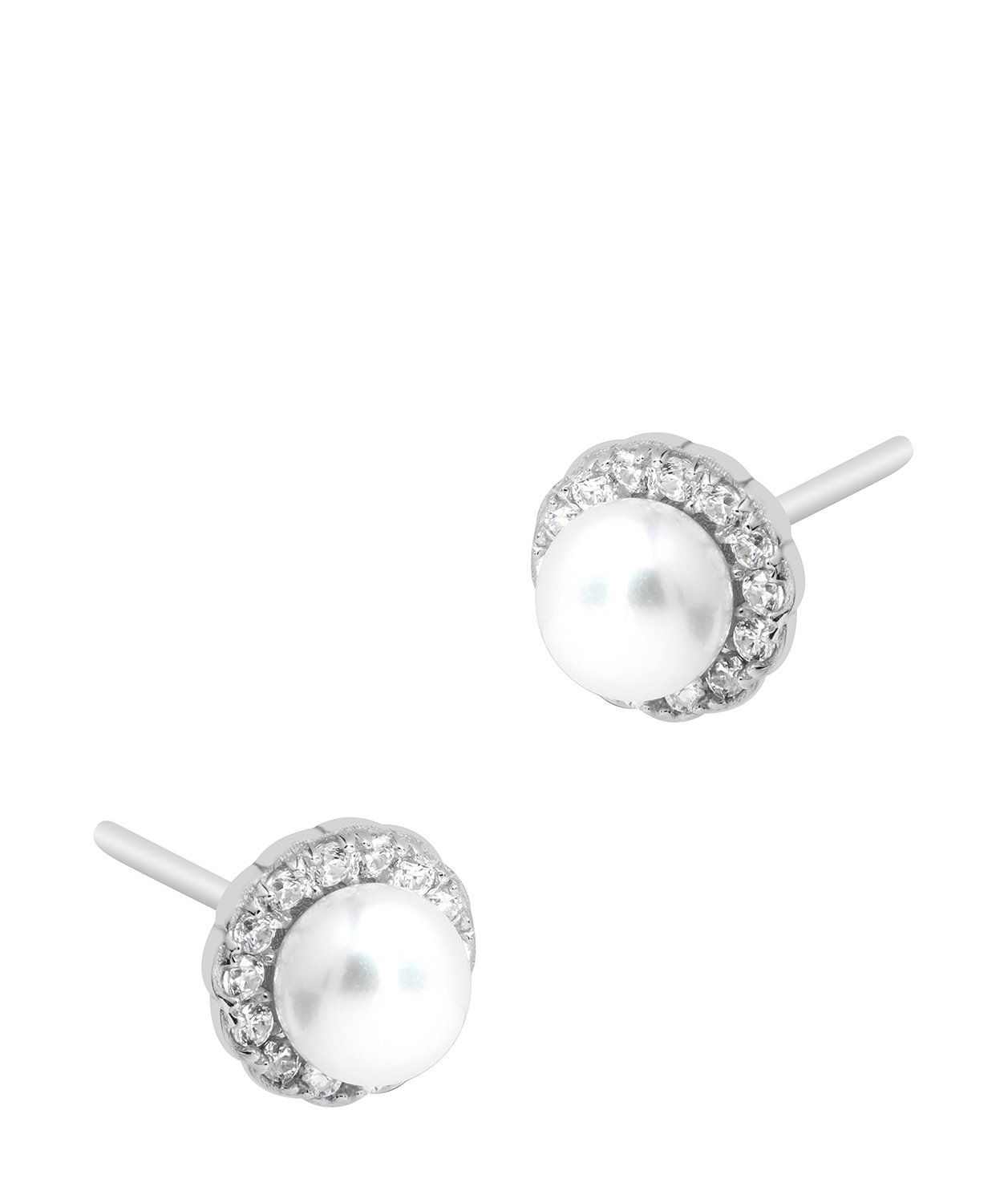 Gift Packaged 'Tara' Rhodium Plated 925 Silver & Freshwater Pearl with Cubic Zirconia Halo Stud Earrings