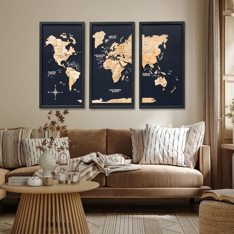 3D Wooden Triptych World Map