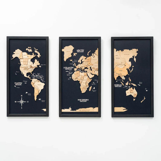 3D Wooden Triptych World Map